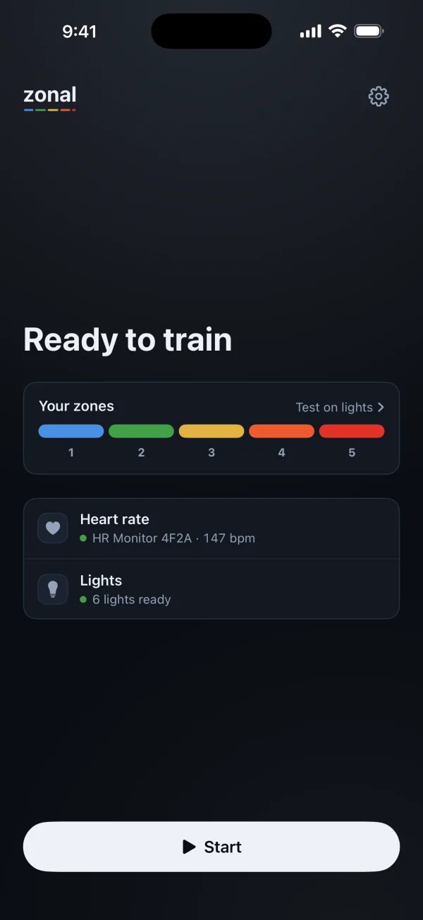 Zonal's Home screen: Ready to train, the five zones numbered 1 to 5, a heart-rate monitor connected at 147 bpm, 6 lights ready, and a Start button.