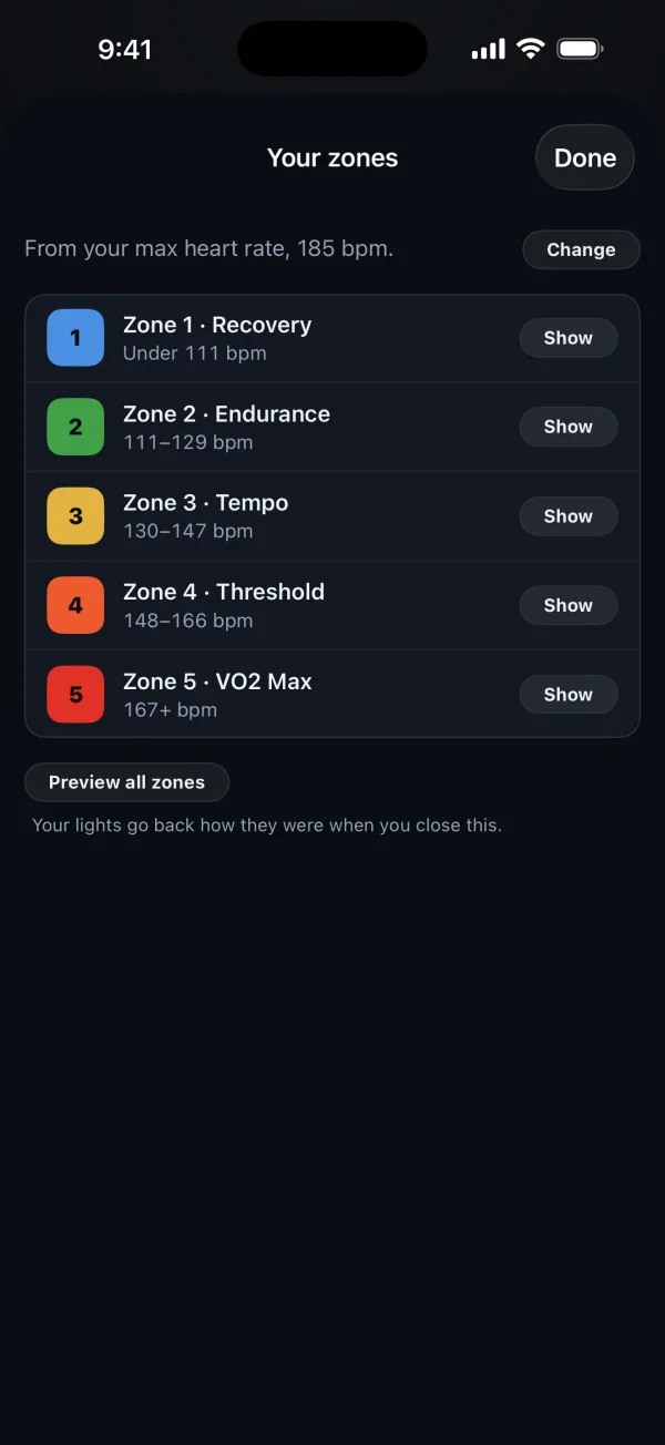 The Your zones sheet, from a max heart rate of 185 bpm: Zone 1 Recovery under 111 bpm, Zone 2 Endurance 111–129, Zone 3 Tempo 130–147, Zone 4 Threshold 148–166 and Zone 5 VO2 Max 167 and up, each with a Show button to test it on the lights.